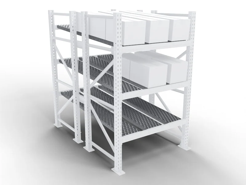 Carton Flow Racking: Flow beds. Rails with staggered wheels.