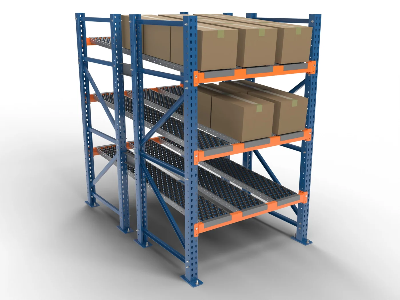 Sloped wheel beds, one lane per SKU.
