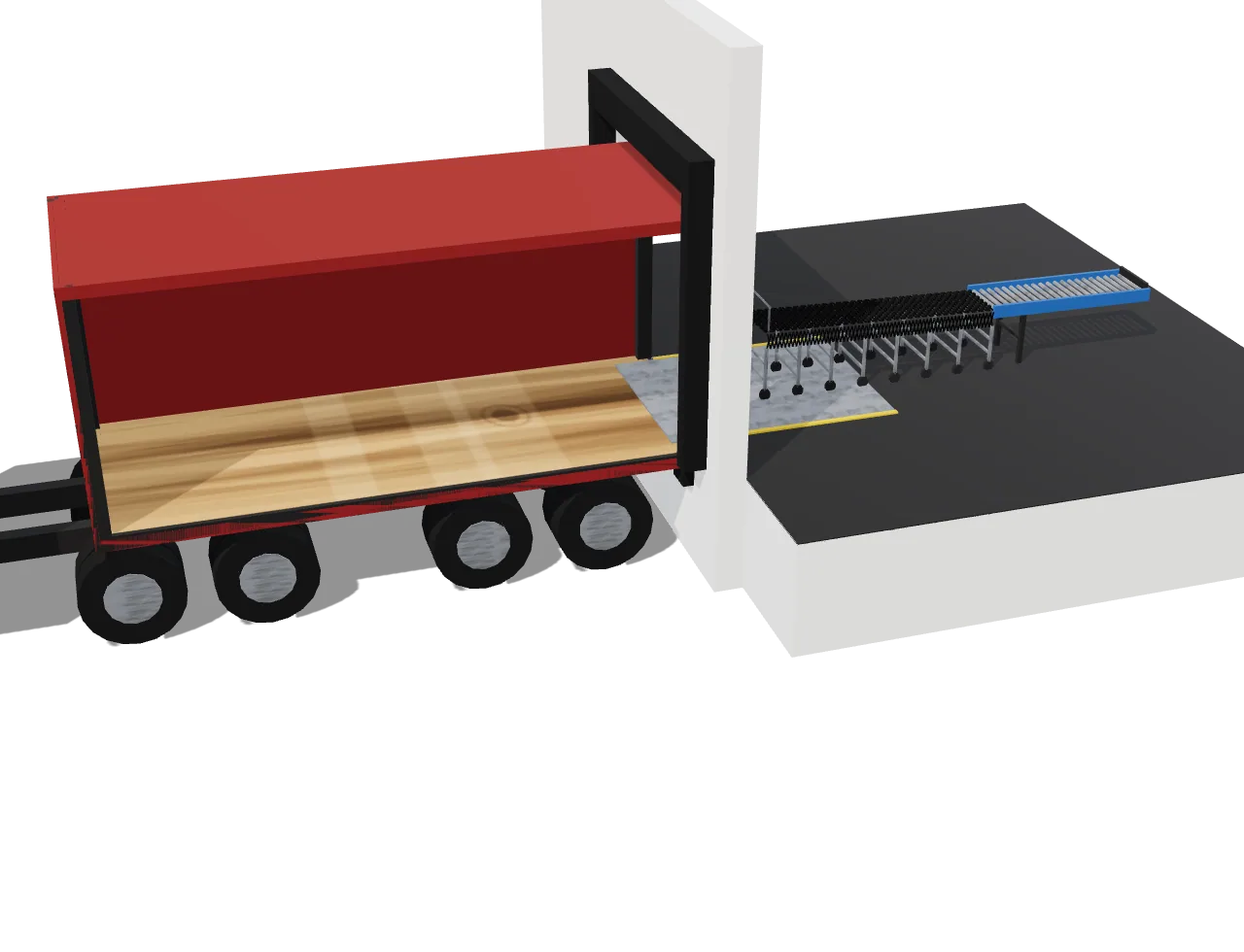 Flexible skate wheel conveyor stretched out on casters