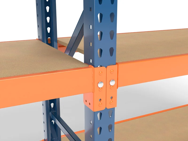 Long-Span Shelving: Beam connector. Locks into the teardrop holes.