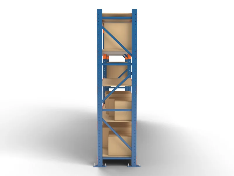 Long-Span Shelving: Side view. The upright frame and bracing.