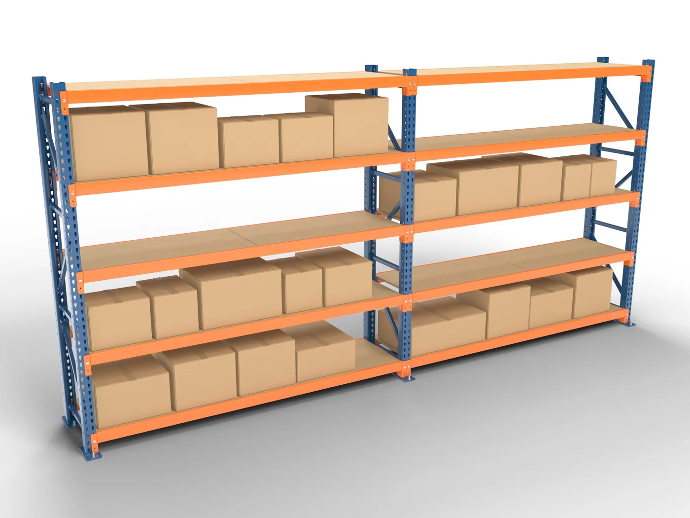 A two-bay long-span shelving run with particle board decks and hand-stacked cartons.