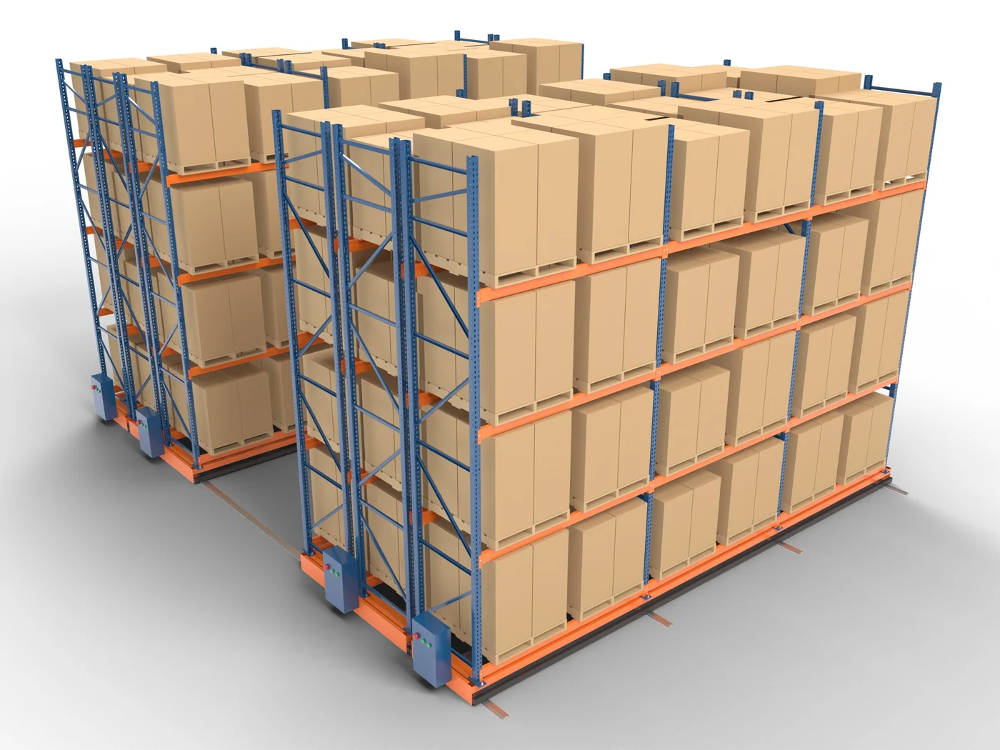Mobile racking with one aisle open.