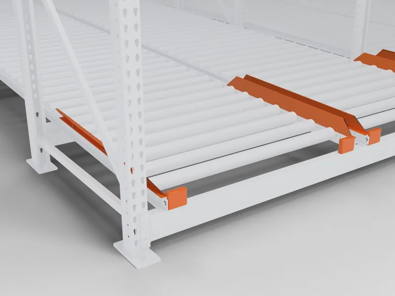 Pallet Flow Racking: Exit stops and separators. Hold the front pallet and the rest behind it.