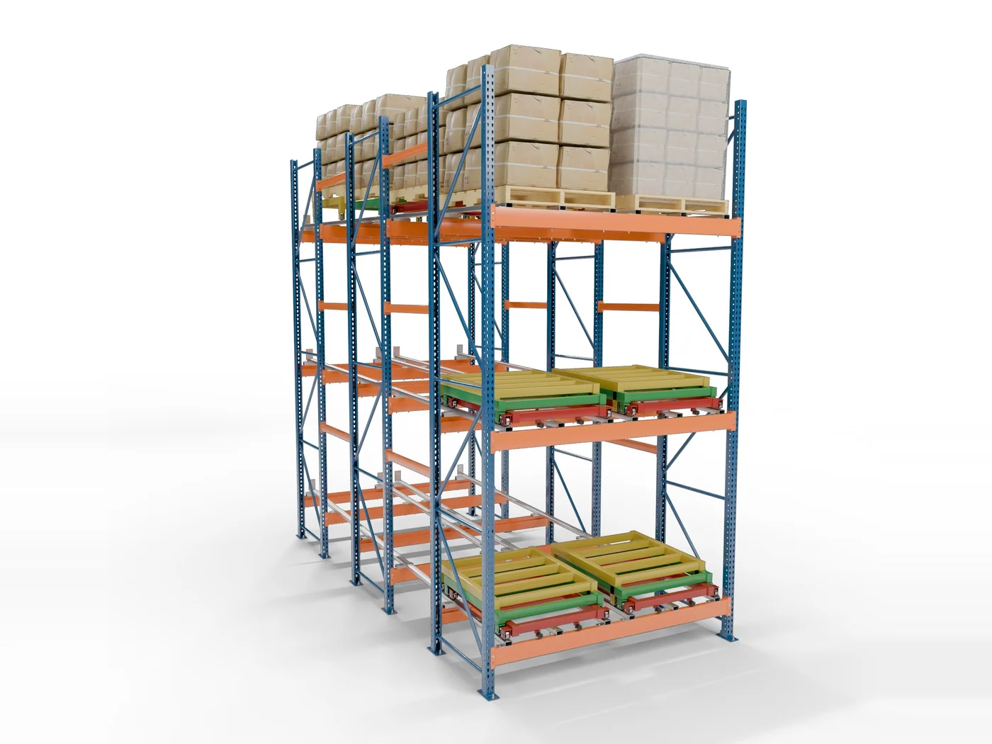 4-deep push-back racking. Three nested carts.