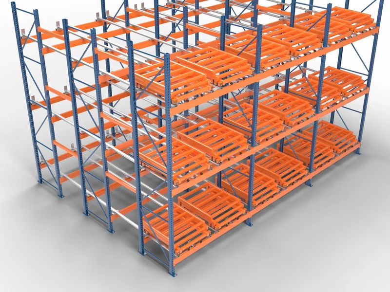 Push-Back Racking: Carts nested, unloaded. Empty lanes, ready to load.