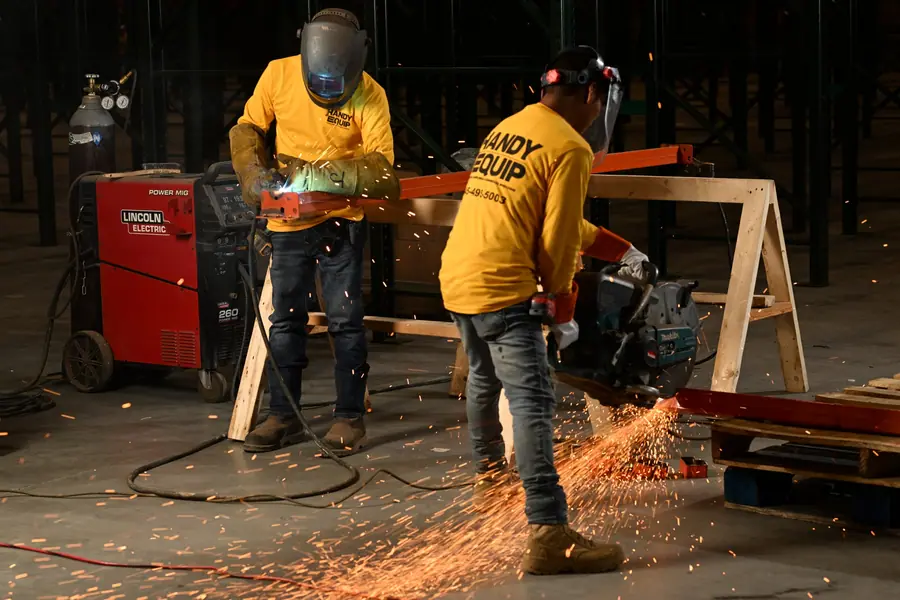 Cutting warehouse racking beam with metal saw