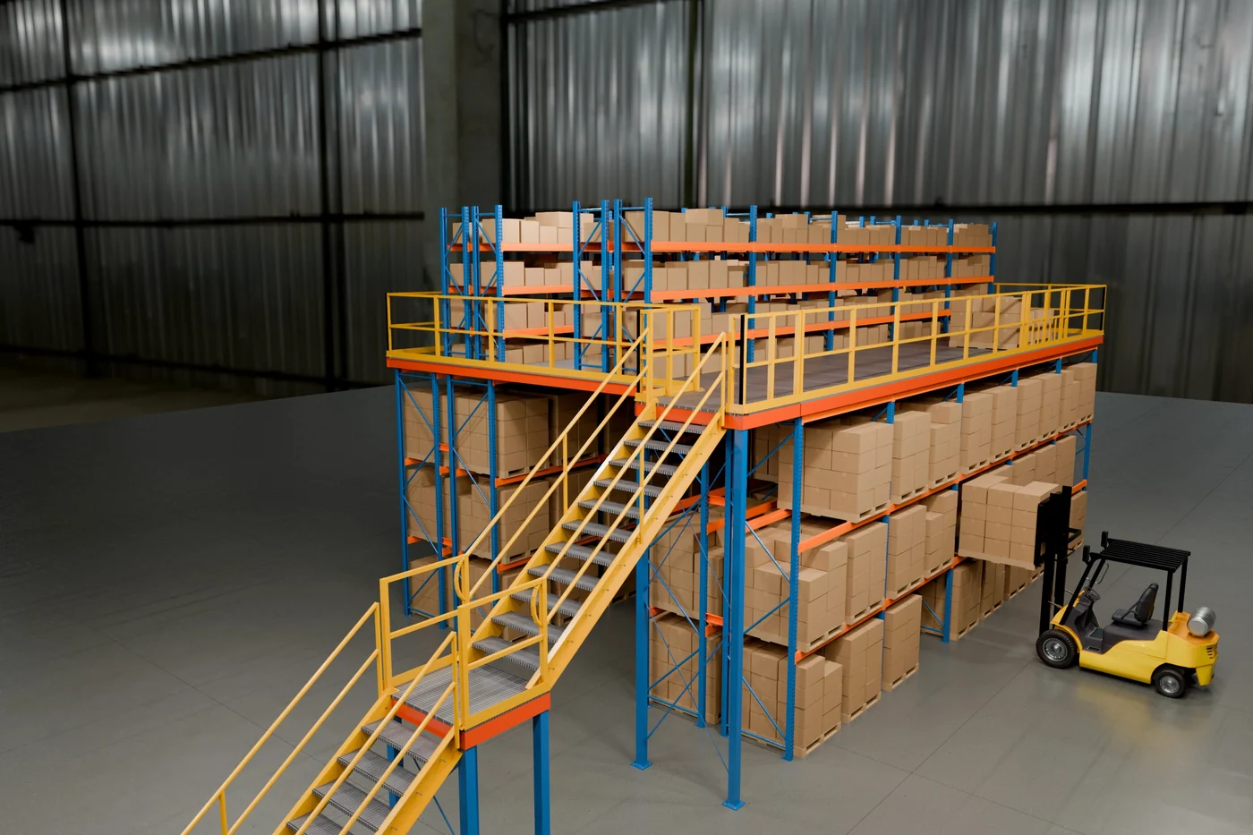 Stair with a mid landing, handrail all round, pallet gate at the deck edge.