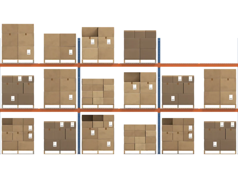 Selective Racking: Front view. Beam levels, adjustable in 2 in steps.