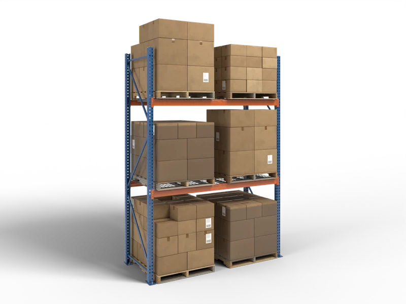 Selective Racking: One bay, loaded. Two frames, beam pairs and wire decks.