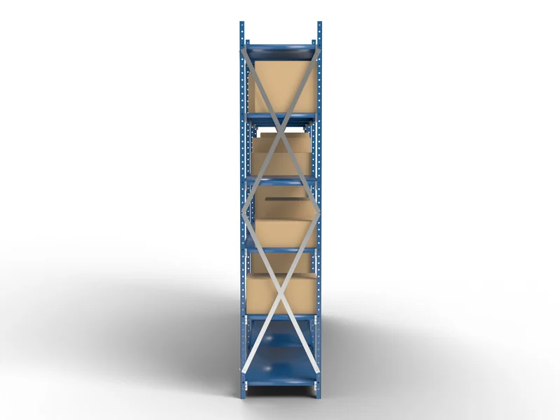 Steel Shelving: Side view. X sway braces on the end.
