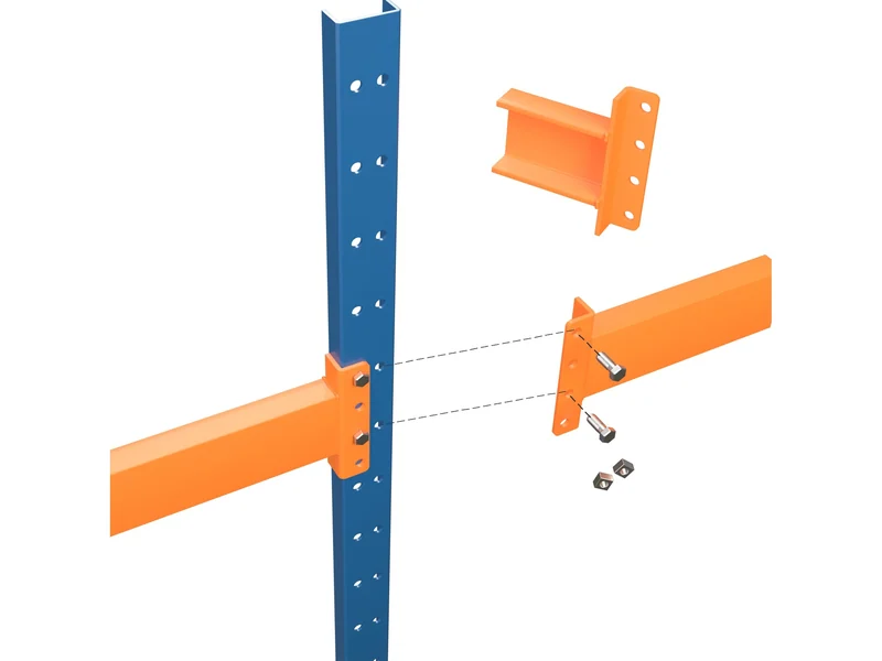 Pallet Rack Connection Types and Brands: Structural (bolted). Hot-rolled C columns, C-channel beams, two bolts per end.