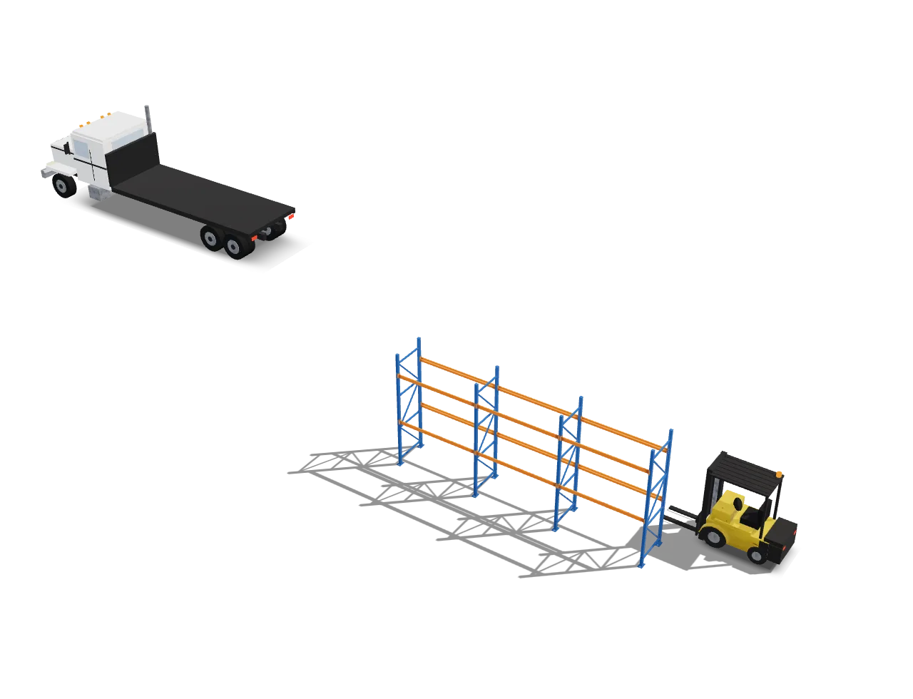 3D model: a truck backs in, the pallet rack comes down, a forklift loads it and the truck drives out
